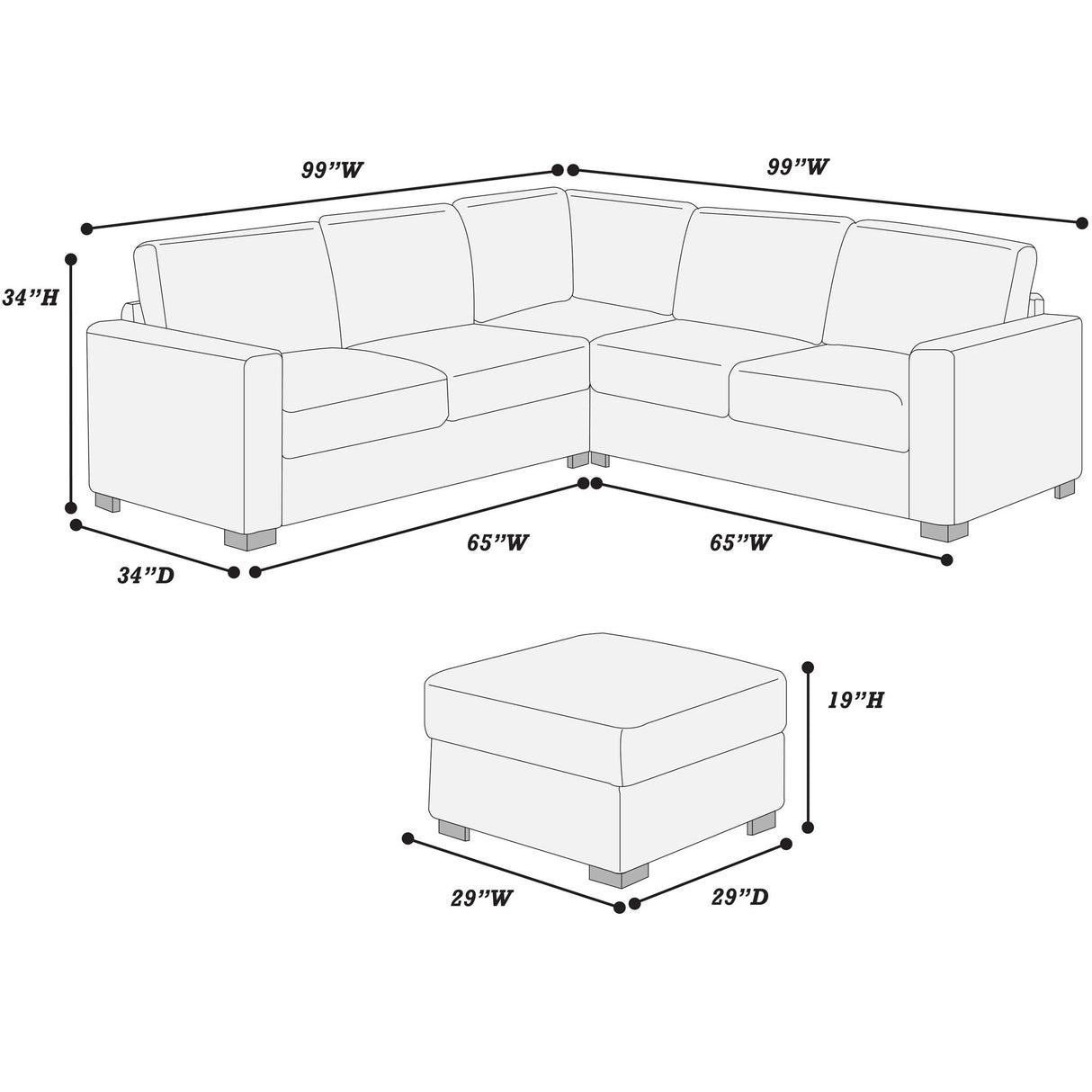 4 Piece Sectional Set With USB Ports, Left Arm Facing / Right Arm Facing Loveseat, Corner Wedge, Cocktail Ottoman, 2 Pillows - Chocolate