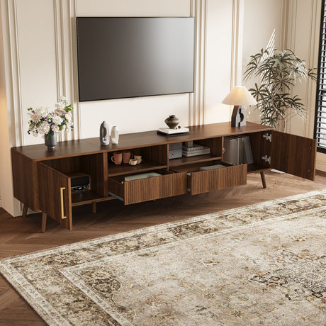 78" TV Stand For 85" TVs With Fluted Doors, Open Shelf, Cable Management - Walnut