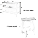 Rustic 3 Piece Stationary Kitchen Island Set With 2 Seatings, With 2 Open Shelves