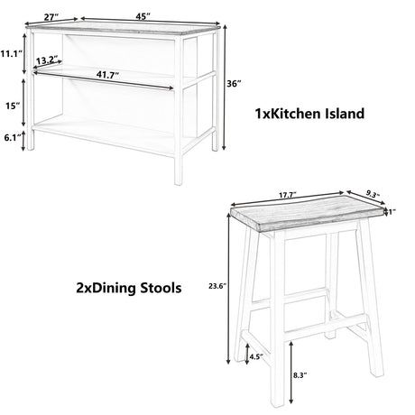 Rustic 3 Piece Stationary Kitchen Island Set With 2 Seatings, With 2 Open Shelves