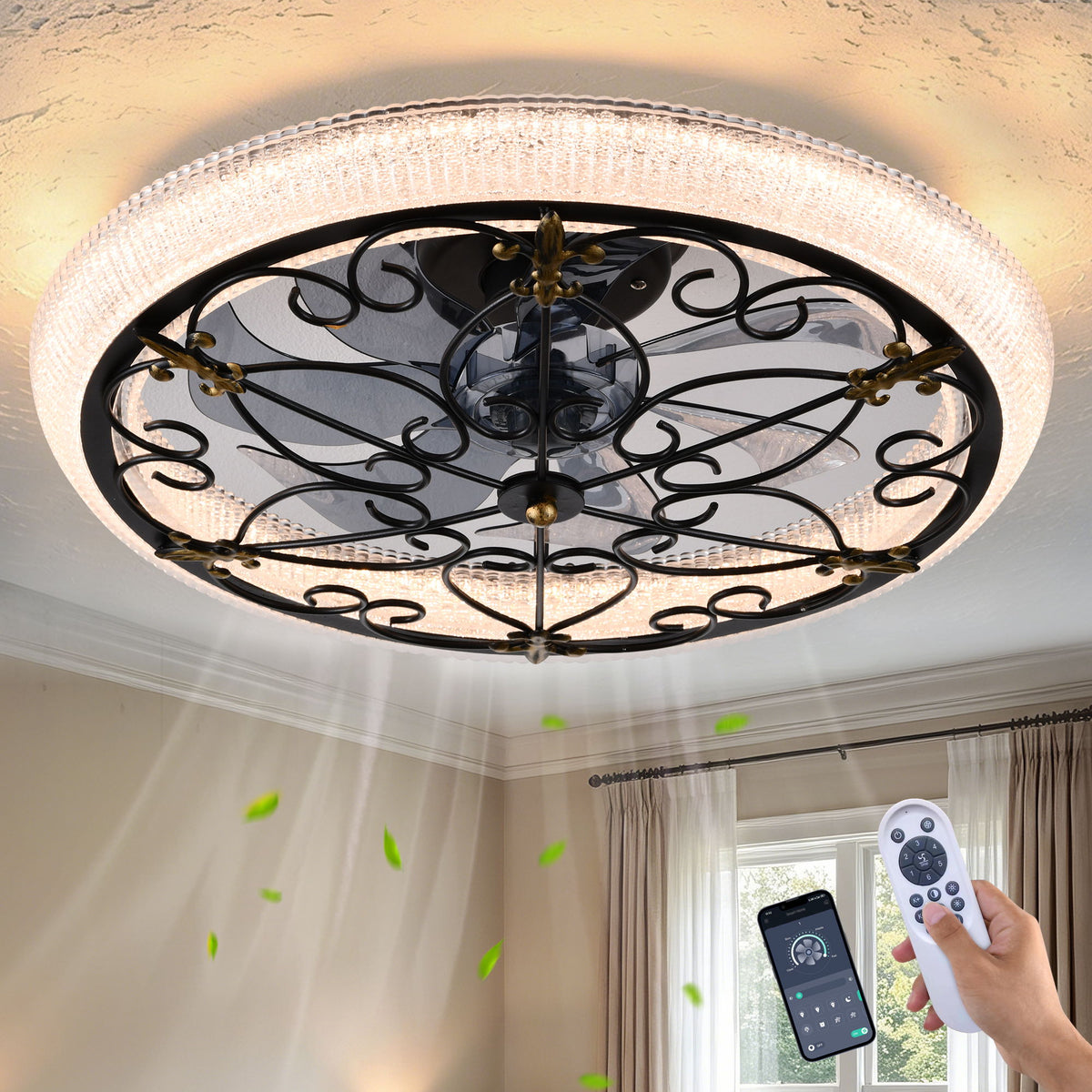 20" Caged Ceiling Fan With Remote Control And Crystal Sand Lampshade - Matte Black