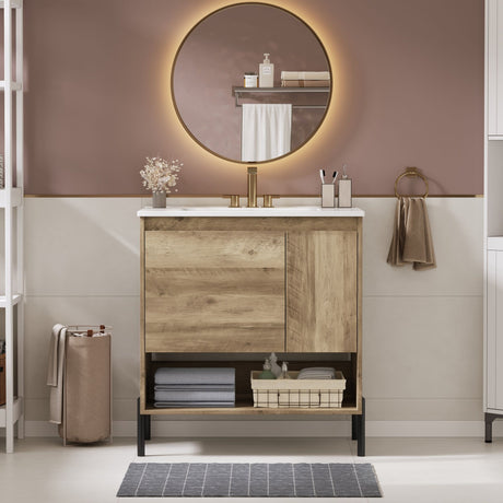 Bathroom Vanity Cabinet With Sink, Sliding Drawer, Soft Closing Door, Open Shelf - Natural Wood