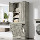 Modern Tall Storage Cabinet With Adjustable Shelves, Flip-Out Basket & Enclosed Doors