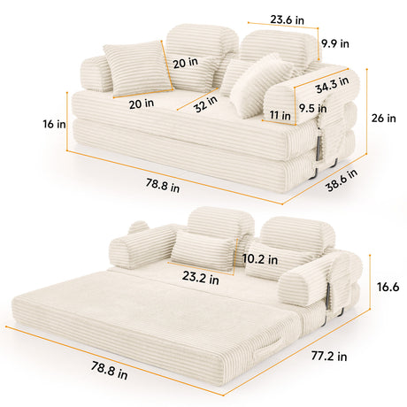Convertible Sleeper Sofa With & Side Storage Pocket, Foldable Upholstered Couch For Living Room