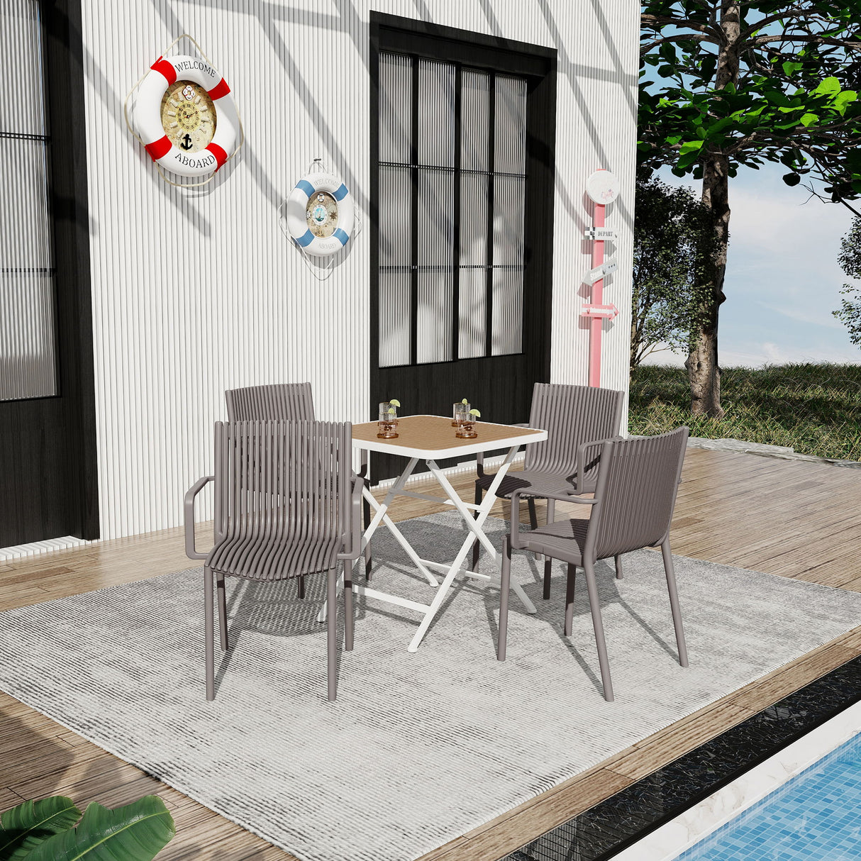 4 Modern Stackable Plastic Armchair Matched With Folding Square Table