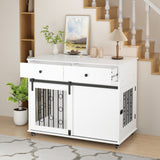 Dog Crate Furniture With Double Drawers And Sliding Barn Door, Pet Kennel For Small To Medium Dogs - White