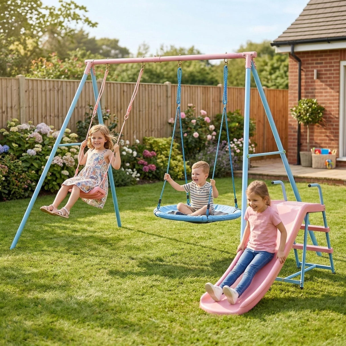 Xns107 - 2 Swing Set With Slide For Outdoor - Blue / Pink