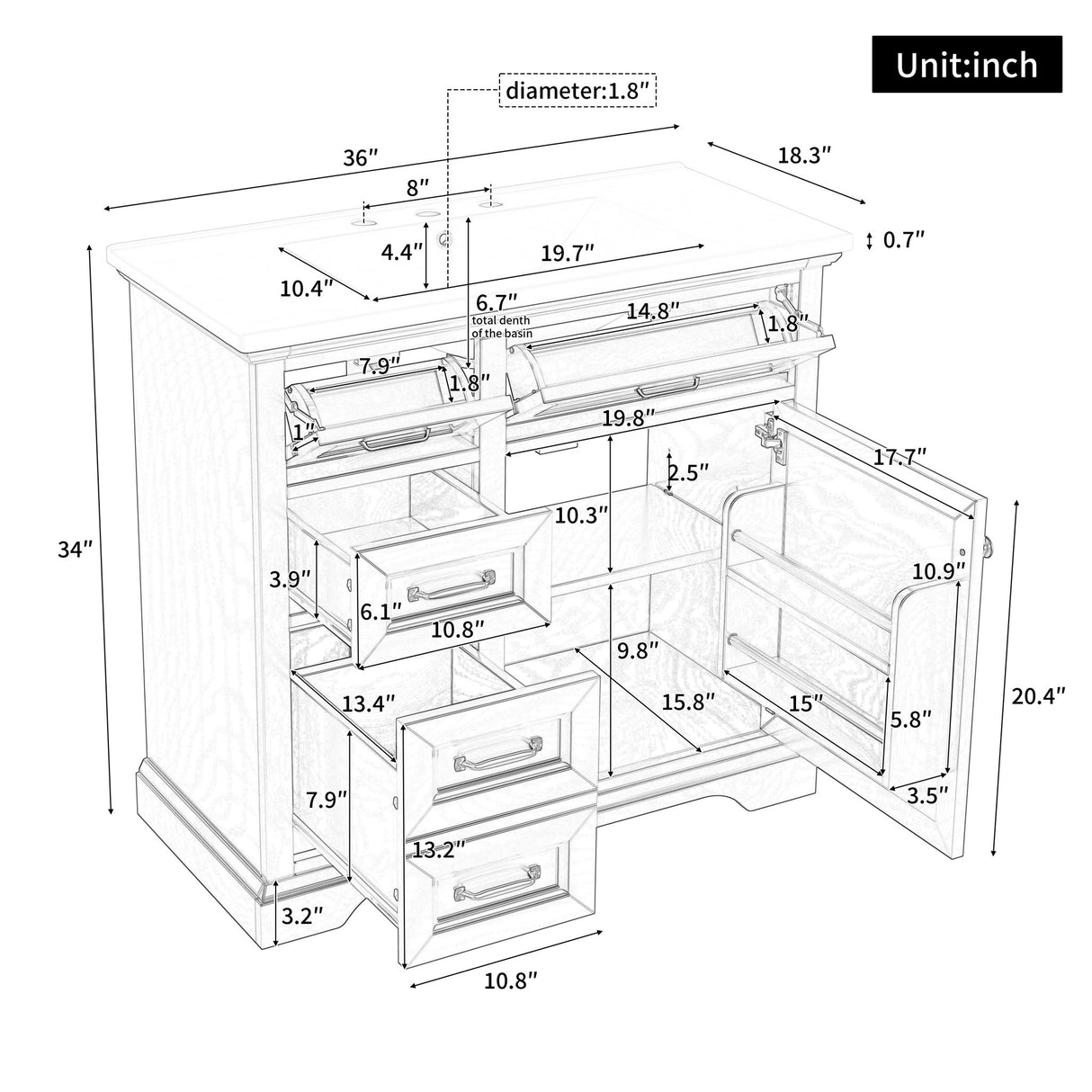 Modern Bathroom Vanity With Sink Top, 4 Drawers And 1 Soft-Close Door