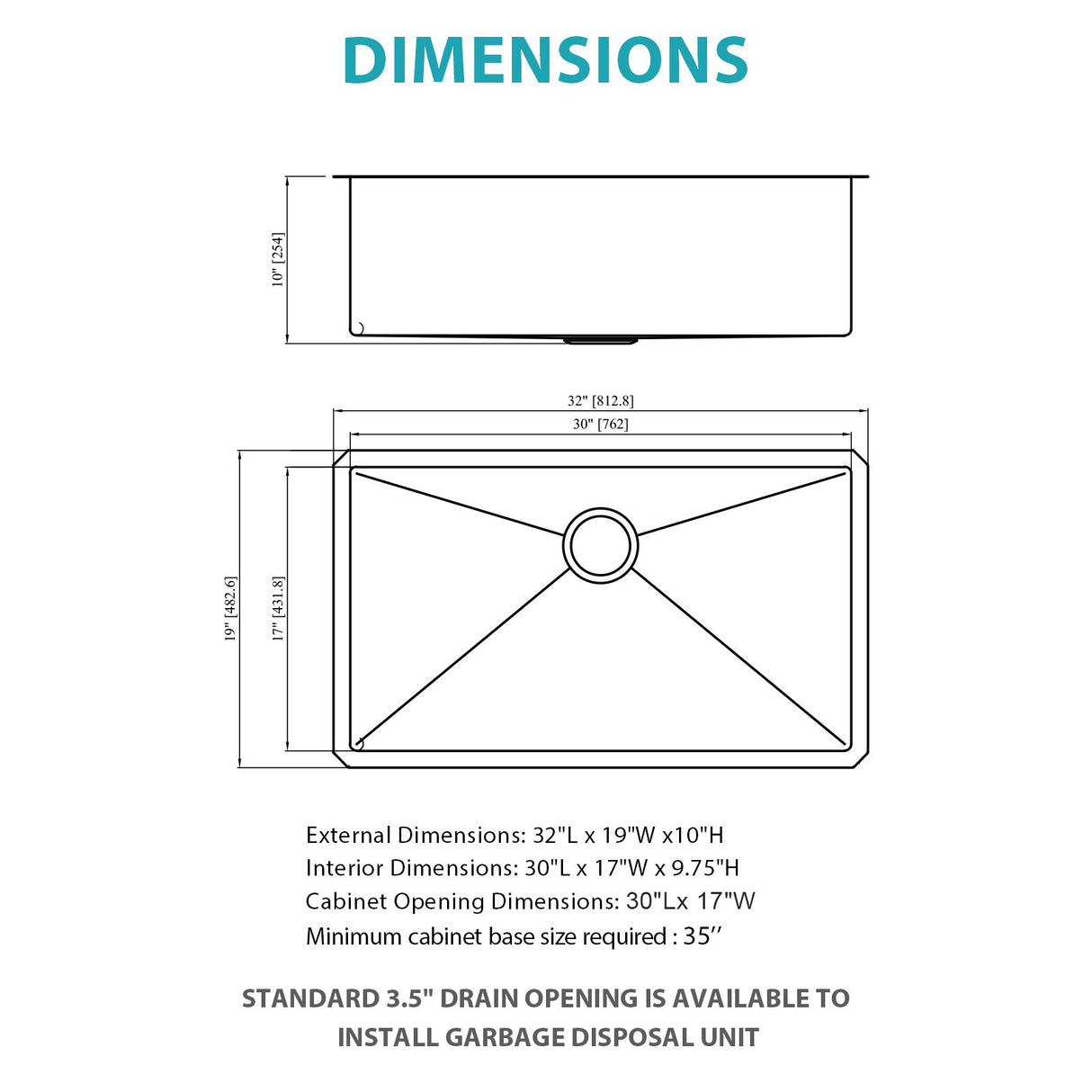 Finish Undermount Stainless Steel Kitchen Sink 32" X 19" 16 Gauge Deep Single Bowl