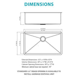 Finish Undermount Stainless Steel Kitchen Sink 32" X 19" 16 Gauge Deep Single Bowl