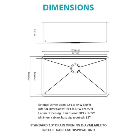 Finish Undermount Stainless Steel Kitchen Sink 32" X 19" 16 Gauge Deep Single Bowl