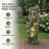 Tree Trunk Cascading Water Fountain, Outdoor LED Lighted - Gray