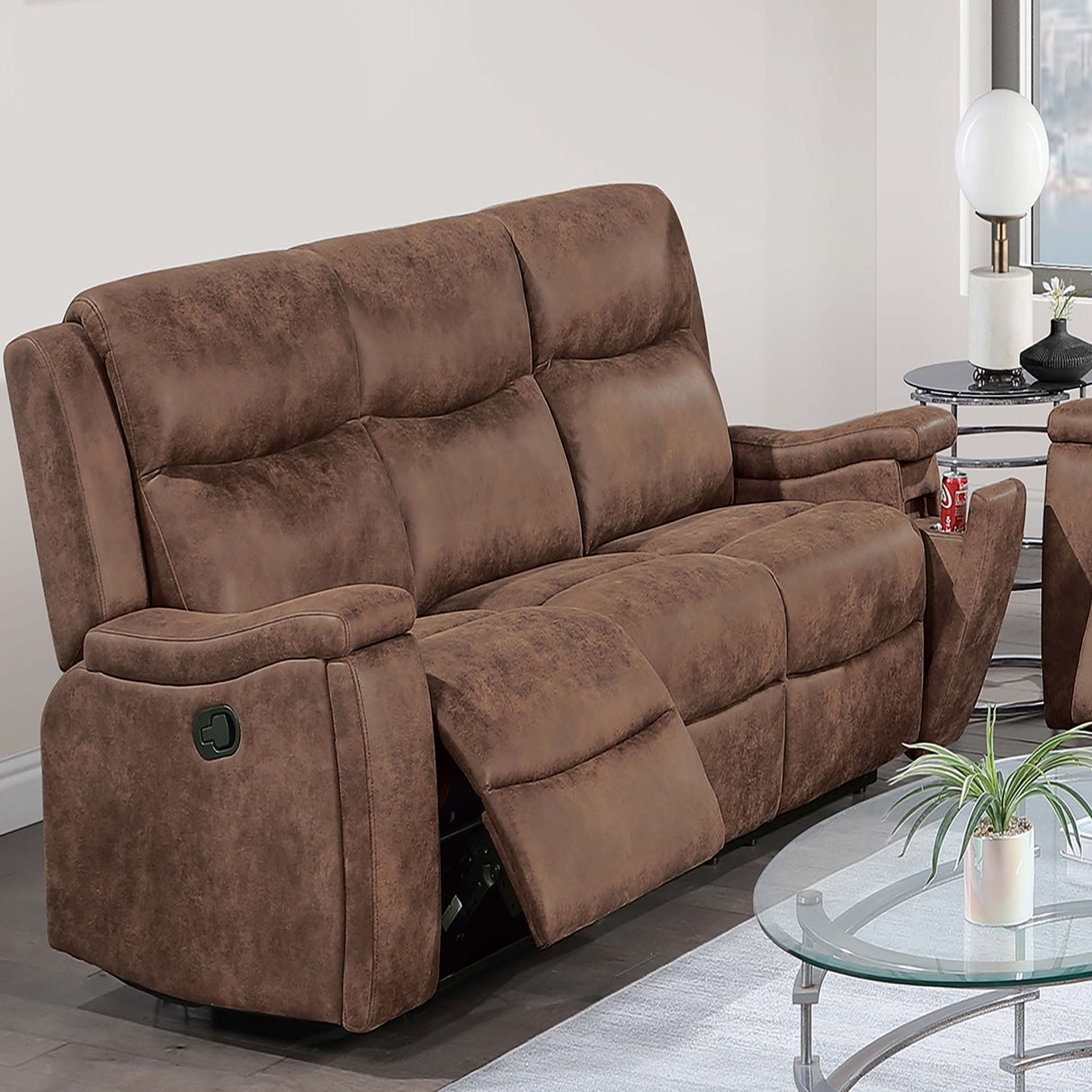 1 Piece Manual Motion Sofa Console Loveseat With Plush Back Cushion And Hidden Cup Holder - Walnut