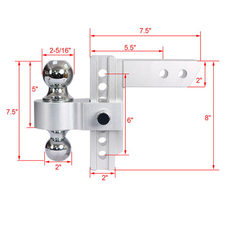 Alu - Adjustable Trailer Drop Hitch With 2" Receiver, 6" Adjustment - Silver