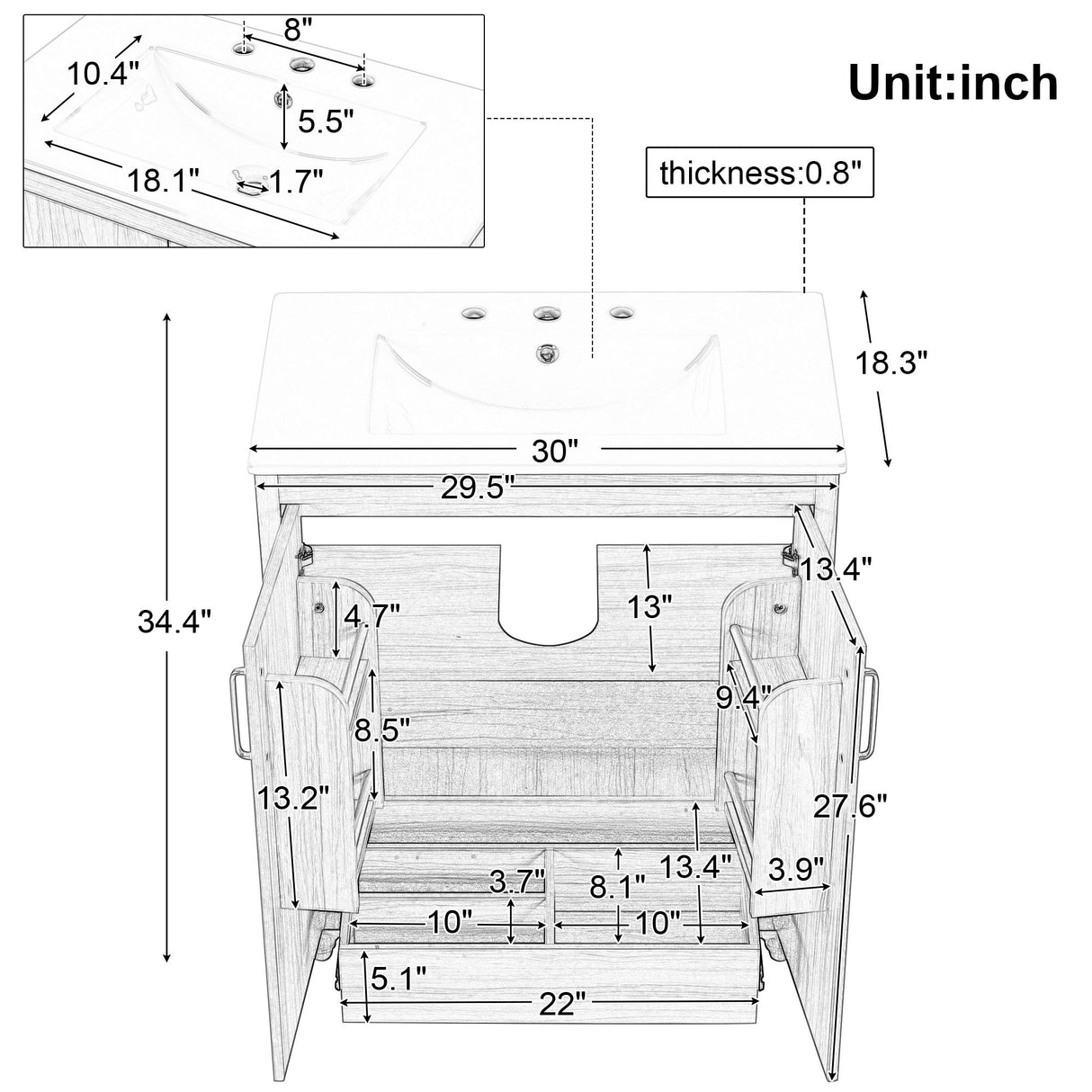 30" Bathroom Vanity With Sink, Cabinet With Doors And Drawer, Rectangular Shape - Natural