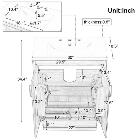 30" Bathroom Vanity With Sink, Cabinet With Doors And Drawer, Rectangular Shape - Natural