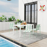 4 Piece Set Of Striped Color Blocking Single Chairs With Long Table - Cream White / Haze Green / White