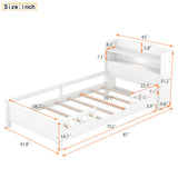 Wood Platform Bed With Built In LED Light, Storage Headboard And Guardrail