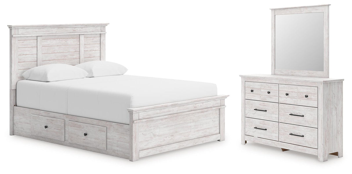 Makidern Queen Panel Bed with Storage, Dresser and Mirror - PCB1171B8