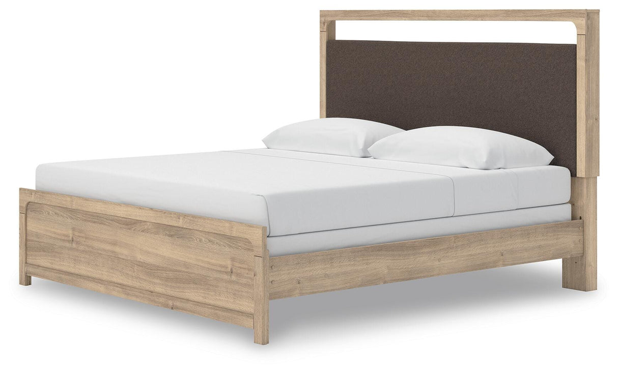 Kinlanni King Upholstered Panel Bed, Dresser, Mirror and Nightstand - B1360B18