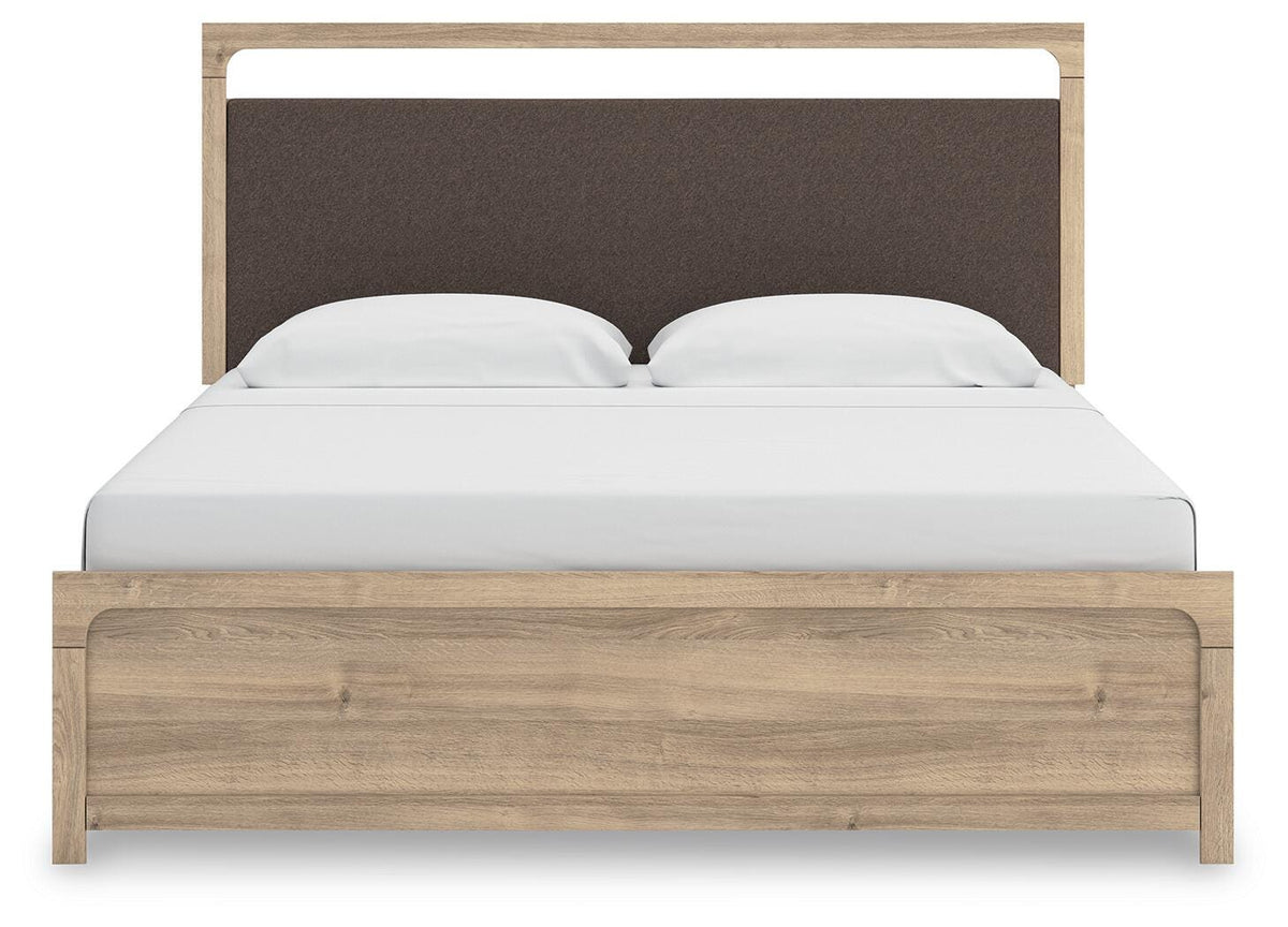 Kinlanni King Upholstered Panel Bed, Dresser, Mirror and Nightstand - B1360B18