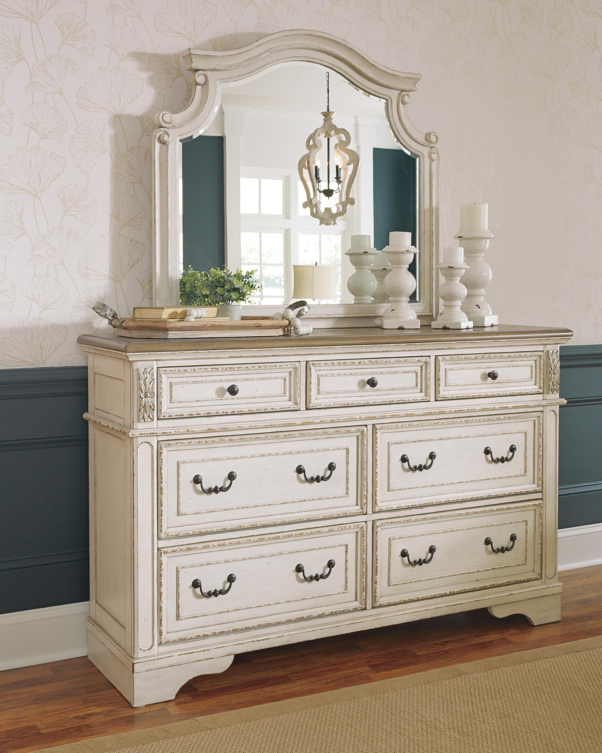 Realyn King Upholstered Panel Bed, Dresser and Mirror - B743B52
