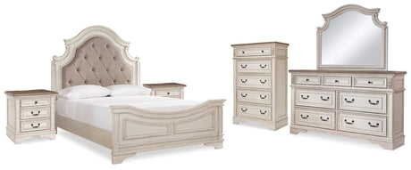 Realyn Queen Upholstered Panel Bed, Dresser, Mirror, Chest and 2 Nightstands - B743B61