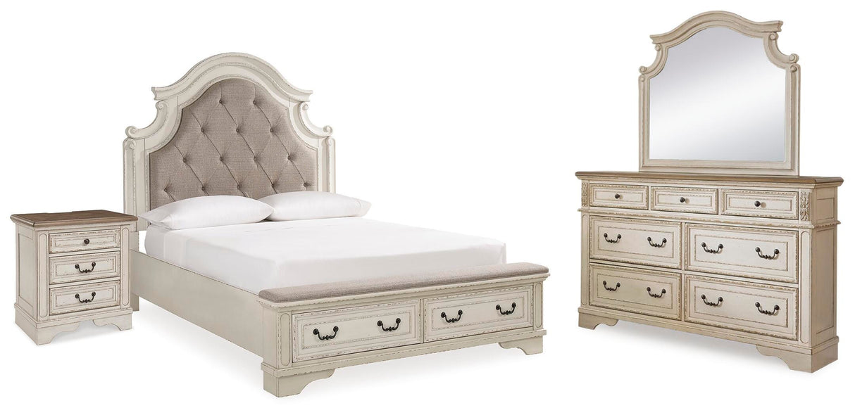 Realyn Queen Upholstery Panel Bed, Dresser, Mirror and Nightstand - B743B36