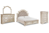 Realyn California King Upholstered Bed, Dresser, Mirror and Chest - B743B25