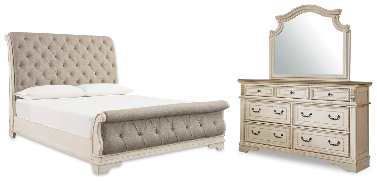 Realyn Queen Upholstered Sleigh Bed, Dresser and Mirror - B743B5