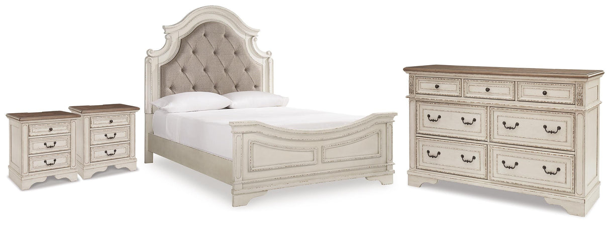 Realyn Queen Upholstered Panel Bed, Dresser and 2 Nightstands - B743B67