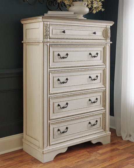 Realyn Queen Panel Bed, Dresser, Mirror and Chest - B743B28