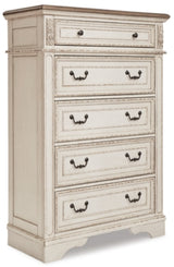 Realyn California King Upholstered Bed, Dresser, Mirror and Chest - B743B25