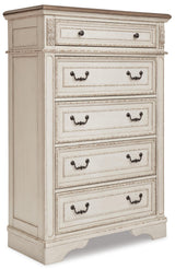 Realyn California King Upholstered Bed, Dresser, Mirror and Chest - B743B25