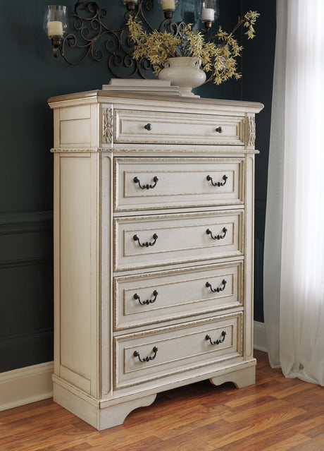 Realyn Queen Upholstered Storage Bed, Dresser, Chest and Nightstand - B743B98