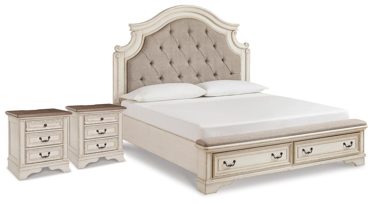 Realyn King Upholstered Panel Storage Bed and 2 Nightstands - B743B87