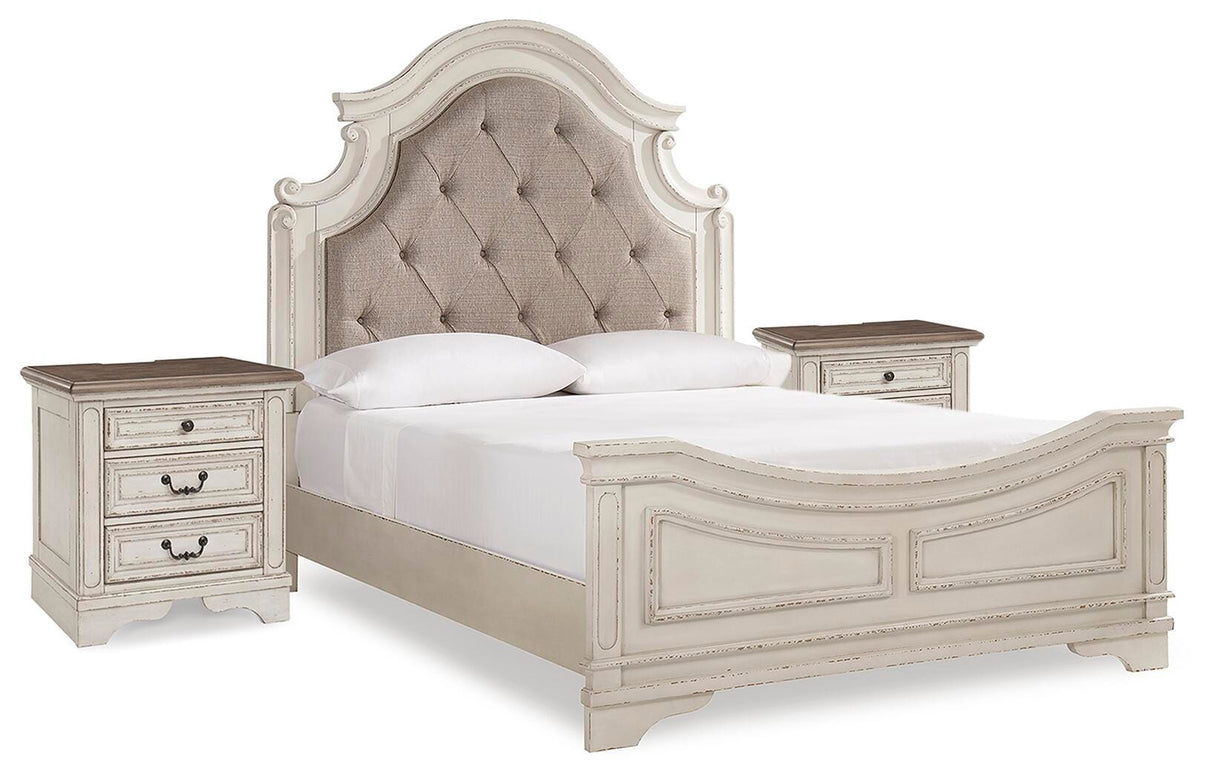 Realyn Queen Upholstered Panel Bed and 2 Nightstands - B743B55