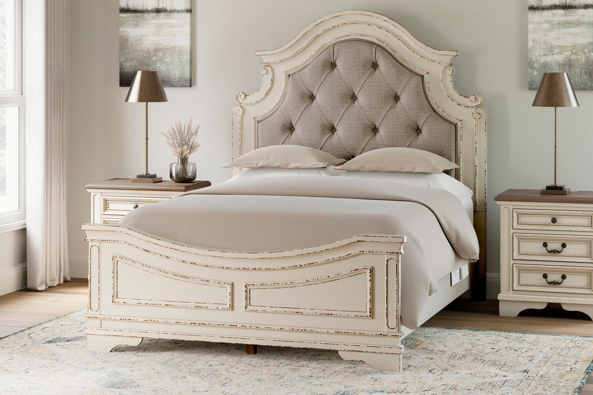 Realyn Queen Upholstered Panel Bed, Dresser and Mirror - B743B3