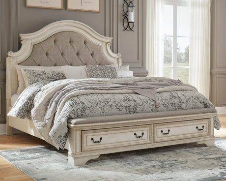 Realyn Queen Upholstery Panel Bed, Dresser, Mirror and Nightstand - B743B36