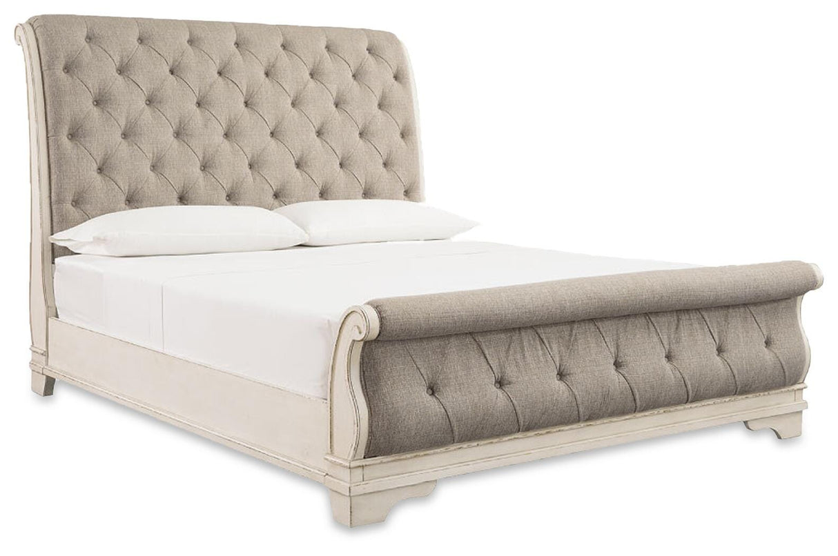 Realyn Queen Upholstered Sleigh Bed, Dresser and Mirror - B743B5
