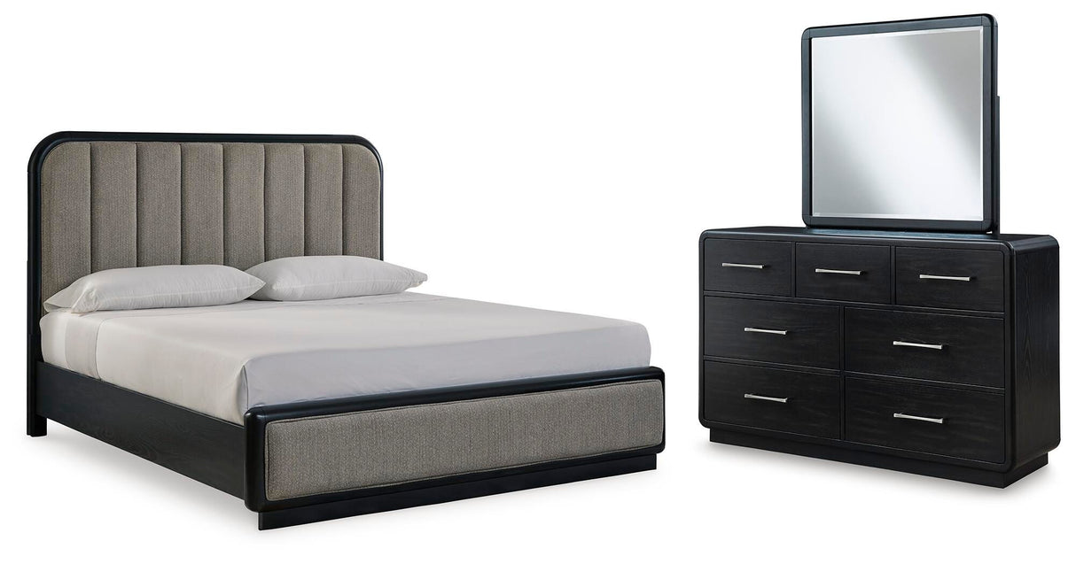 Rowanbeck King Upholstered Panel Bed, Dresser and Mirror - B821B6