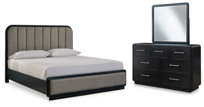Rowanbeck King Upholstered Panel Bed, Dresser and Mirror - B821B6