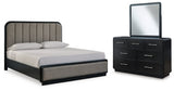 Rowanbeck King Upholstered Panel Bed, Dresser and Mirror - B821B6