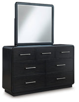 Rowanbeck King Upholstered Panel Bed, Dresser and Mirror - B821B6