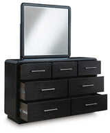 Rowanbeck Queen Upholstered Panel Bed, Dresser and Mirror - B821B3