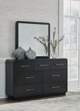 Rowanbeck Queen Upholstered Panel Bed, Dresser and Mirror - B821B3