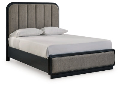 Rowanbeck Queen Upholstered Panel Bed, Dresser and Mirror - B821B3
