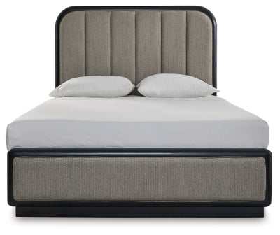 Rowanbeck Queen Upholstered Panel Bed, Dresser and Mirror - B821B3