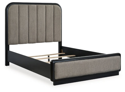 Rowanbeck Queen Upholstered Panel Bed, Dresser and Mirror - B821B3