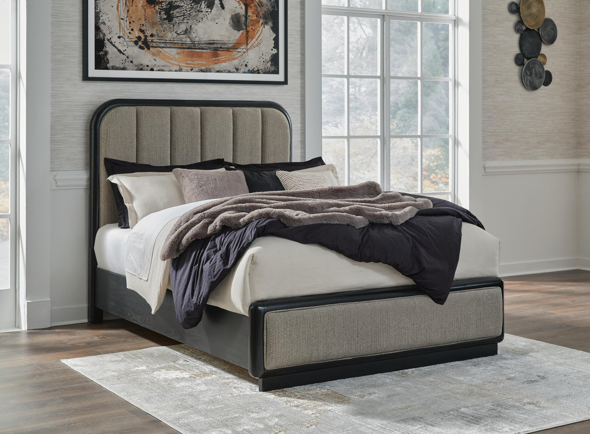 Rowanbeck Queen Upholstered Panel Bed, Dresser and Mirror - B821B3